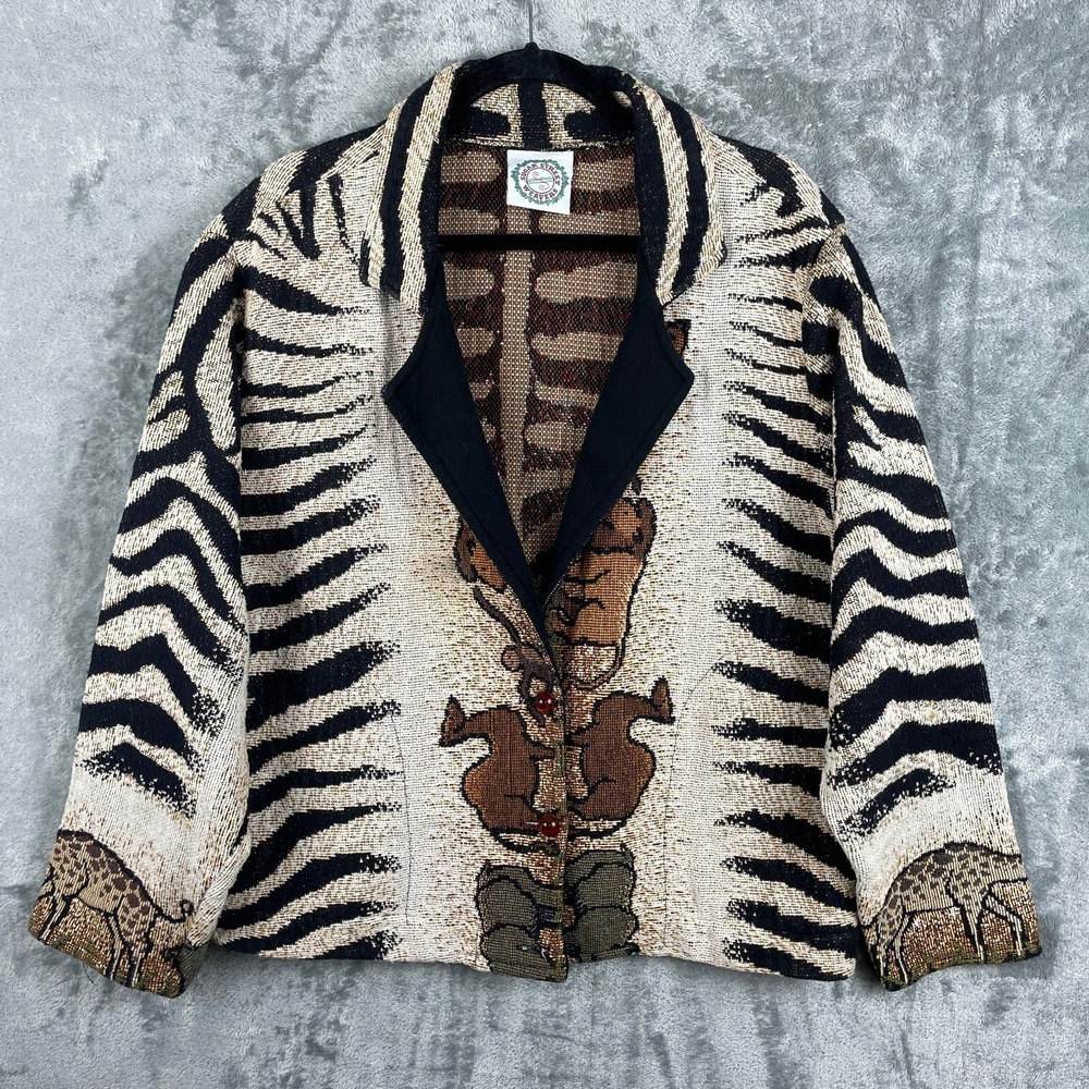 Vtg Sugar‎ Street Weavers Africa Safari Tapestry Sweater Jacket Womens One Sz
